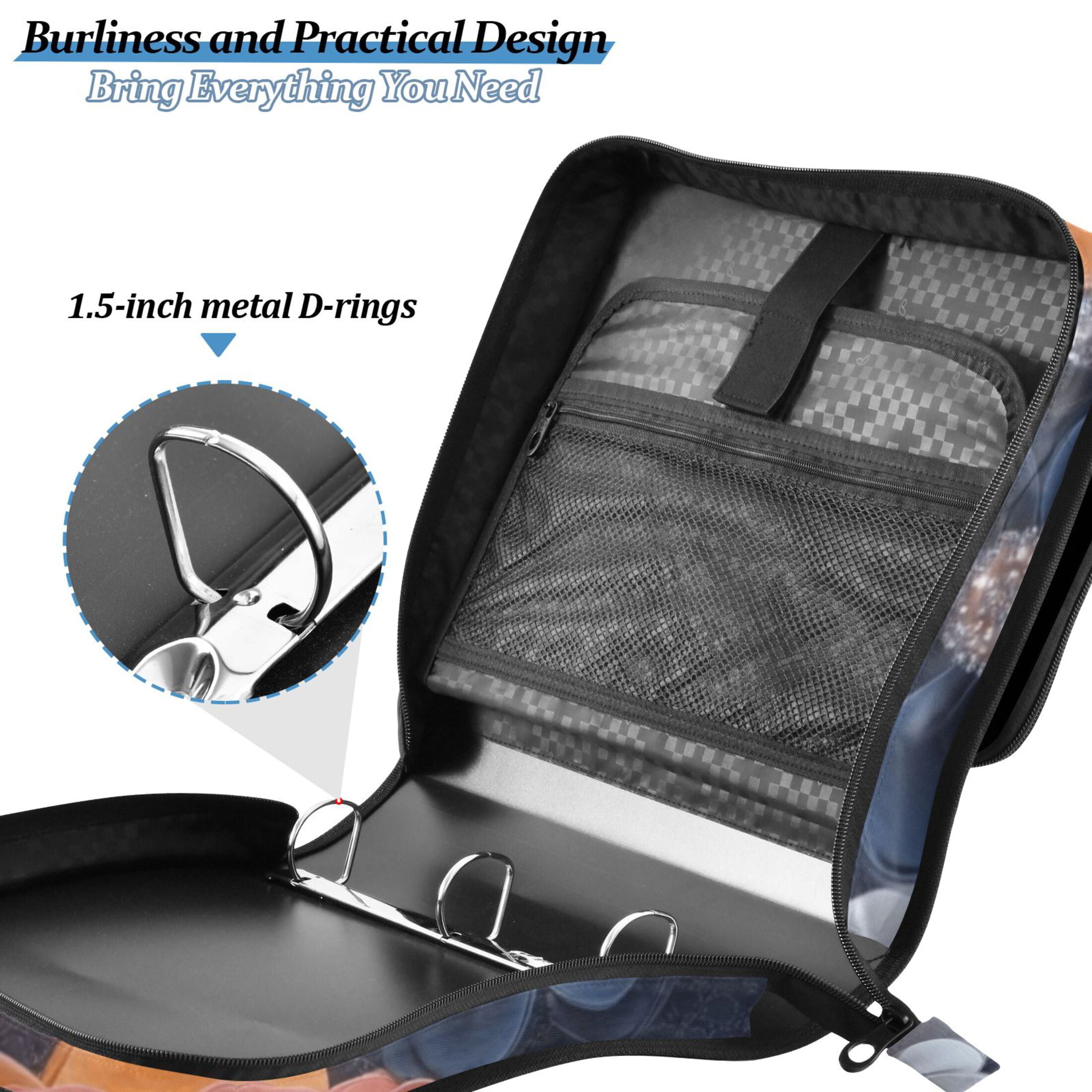 3 Ring Zipper Binder with Shoulder Strap Waterproof Trapper Keeper 2 Inch D-Ring 500 Sheets Capacity Colorful Flower and Pearls