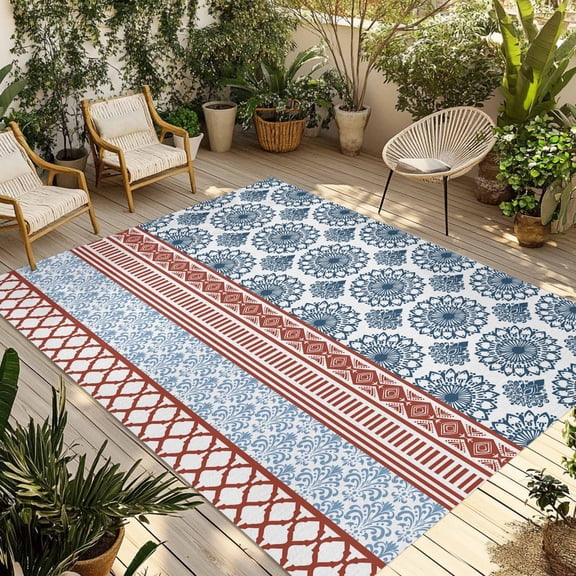 Blue Red Boho Outdoor Rug 3x5 Ft - Reversible Patio Rug Outdoor Camping Rugs, Vintage Geometric Stripes Abstract Art Washable Indoor Outdoor Area Rugs, Non-Slip Outdoor Carpet Runner for Deck/Porch