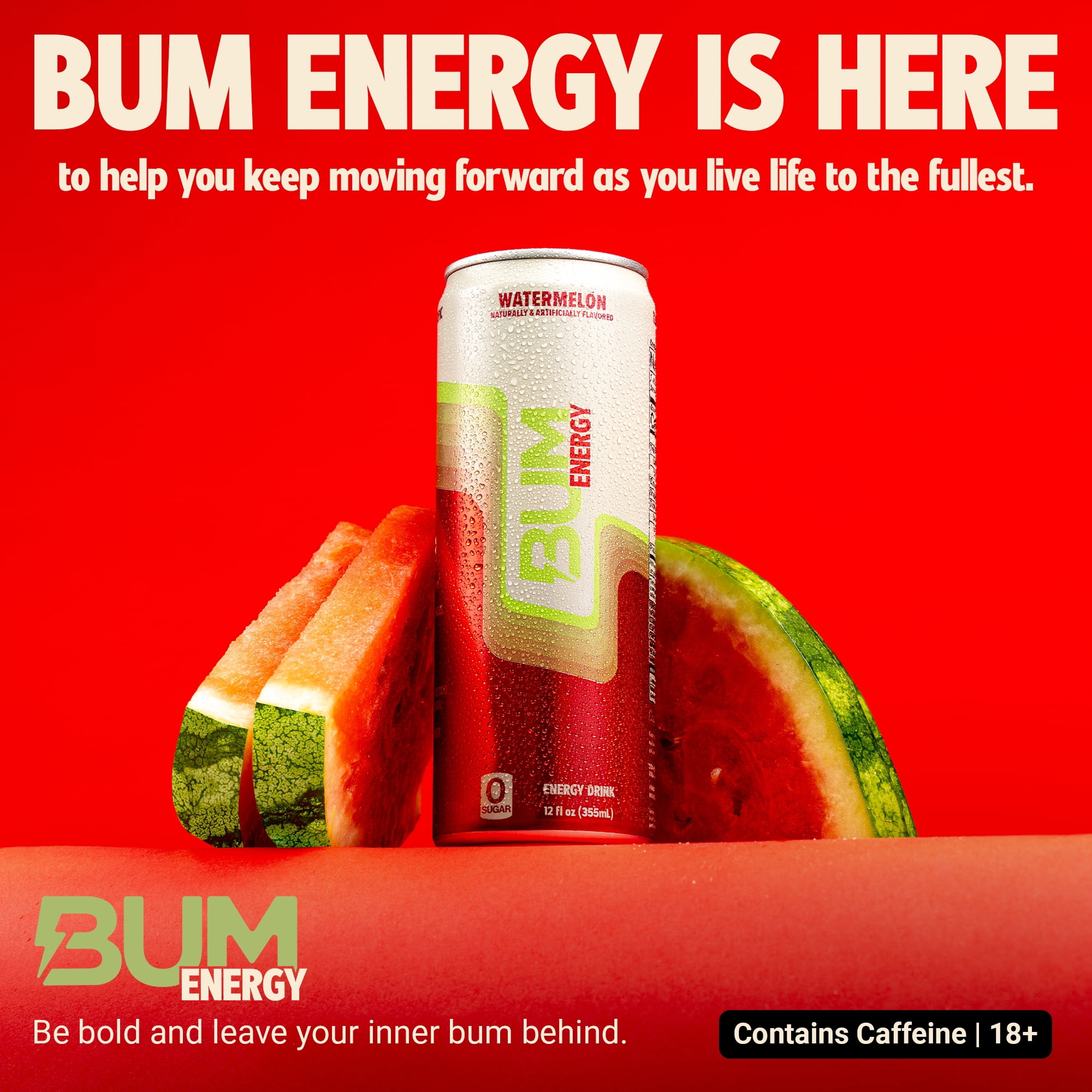 Bum Energy Drink, Watermelon, 112 mg Natural Caffeine, 12 fl oz Cans, 12 Pack