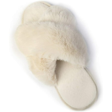 

RockDove Women s Open Toe Fluffy Slippers with Memory Foam Ladies Cross Band House Shoes Faux Fur Slip on Home Slippers for Indoor Outdoor