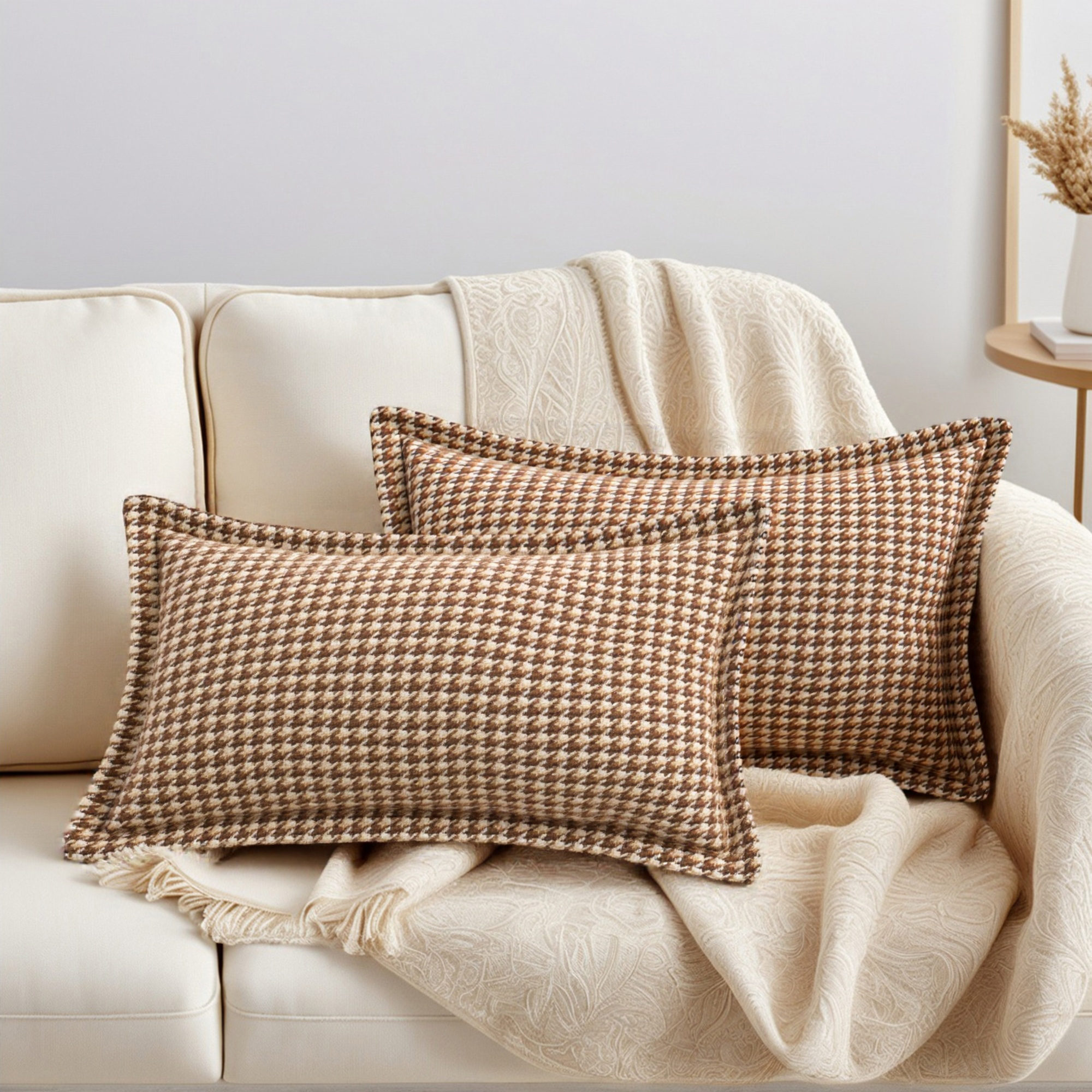Unique Bargains Soft Houndstooth Throw Pillow Covers Set of 2 Brown 20" x 12"
