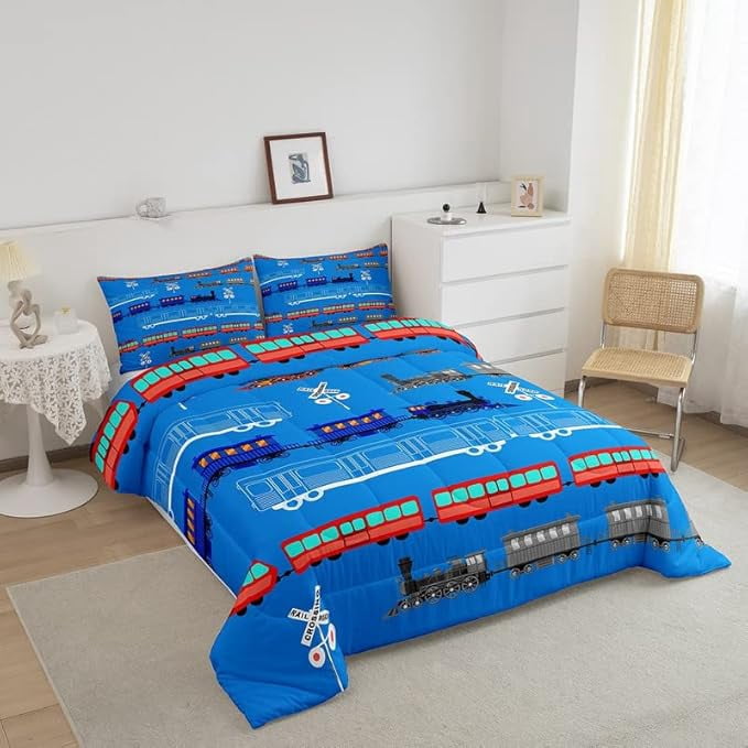 Cartoon Car Comforter Set Vintage Car Comforter Train Bedding Set Bedroom Decor Retro Steam Train Blue Light Sign Duvet Set Quilt