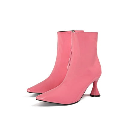 

Daeful Womens Fashion Bootie Zip Up Patent Leather Boots Slim High Heels Boot Comfotable Non-slip Short Booties Party Winter Shoes Pink 7