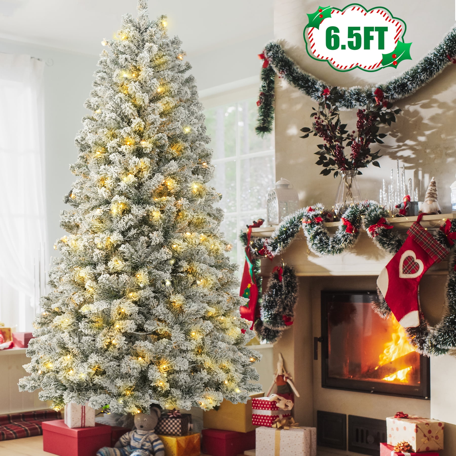 Posrue 6.5ft Pre-Lit Snow Flocked Slim Christmas Tree with 1000 Tips 250 Warm Lights, Hinged Artificial Holiday Xmas Pine Tree, White
