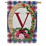 America Forever Monogram V House Flag, 28 x 40 inch Double Sided, Letter V with Roses, Floral Initial Flag, Plaid Background, Personalized Yard Decor