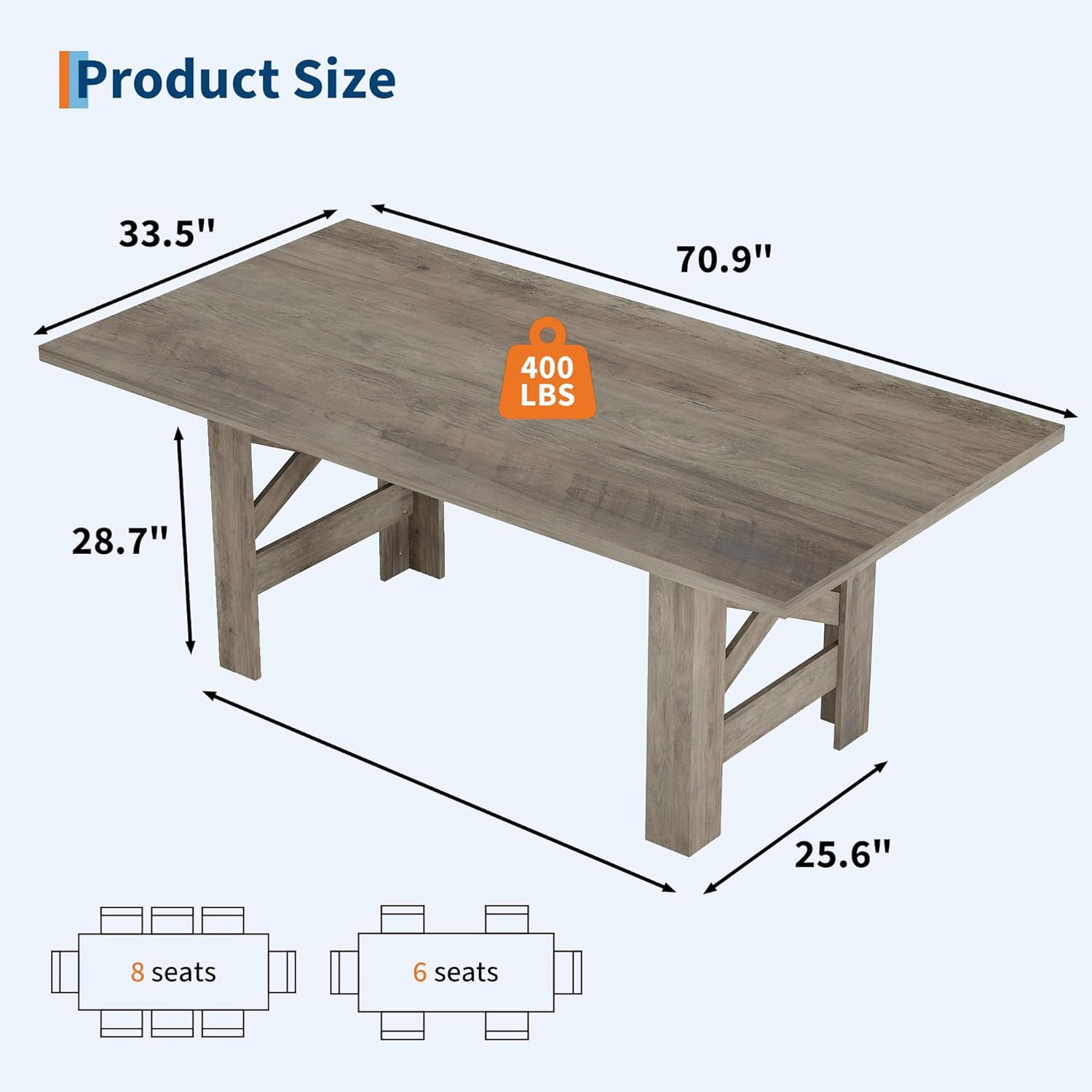 71" Farmhouse Dining Table for 6-8, Large Wooden Table with Thick Frame and Stable Triangular Legs for Kitchen or Office