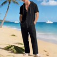 thumbnail image 2 of Awwp Men Set Summer Matching Set for Men Holiday Shor Sleeve Shirts 2 Piece Sets Trendy Long Pants Button Button With Hooded Black L, 2 of 7