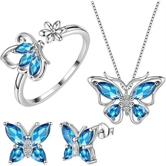 Jierger Butterfly Jewelry Women Butterflies Birthstone Pendant Necklace/Earrings/Rings Wedding Gifts for Women Birthday Anniversary Wedding Mother’s Day Gifts