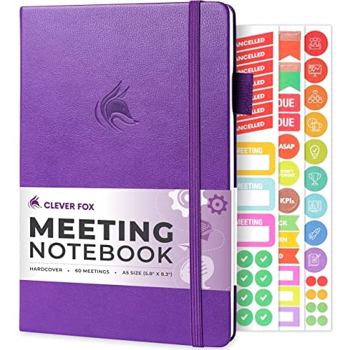 Cuaderno reuniones Clever Fox: Organizador trabajo y negocio - Agenda, notas, tareas - Bloc gestión proyectos y reuniones - Sin fecha, A5 - Morado