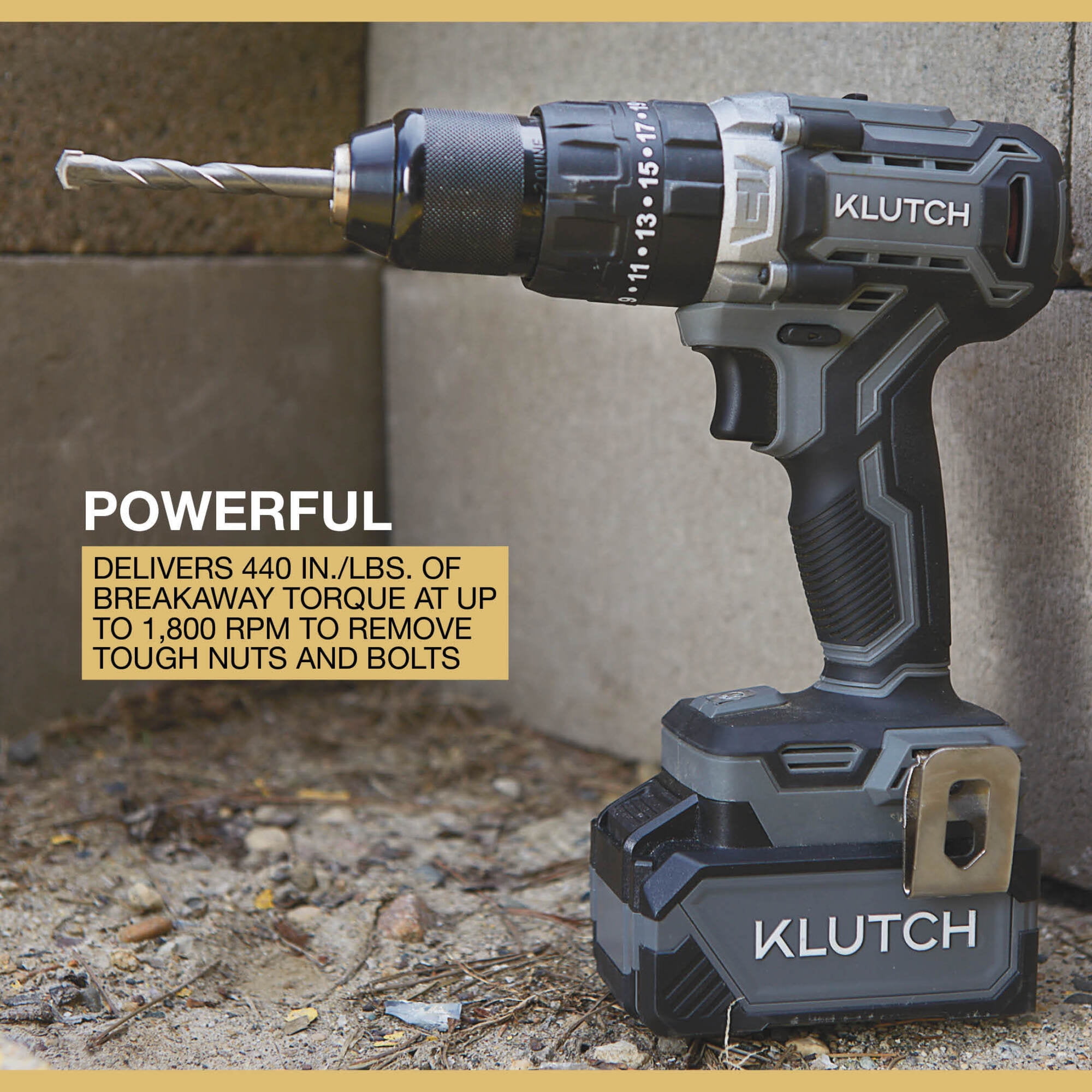 Klutch 1/2in. Hammer Drill/Driver, KLiQ 20V, 440 In./Lbs. Breakaway Torque, Brushless, Cordless, Bare Tool