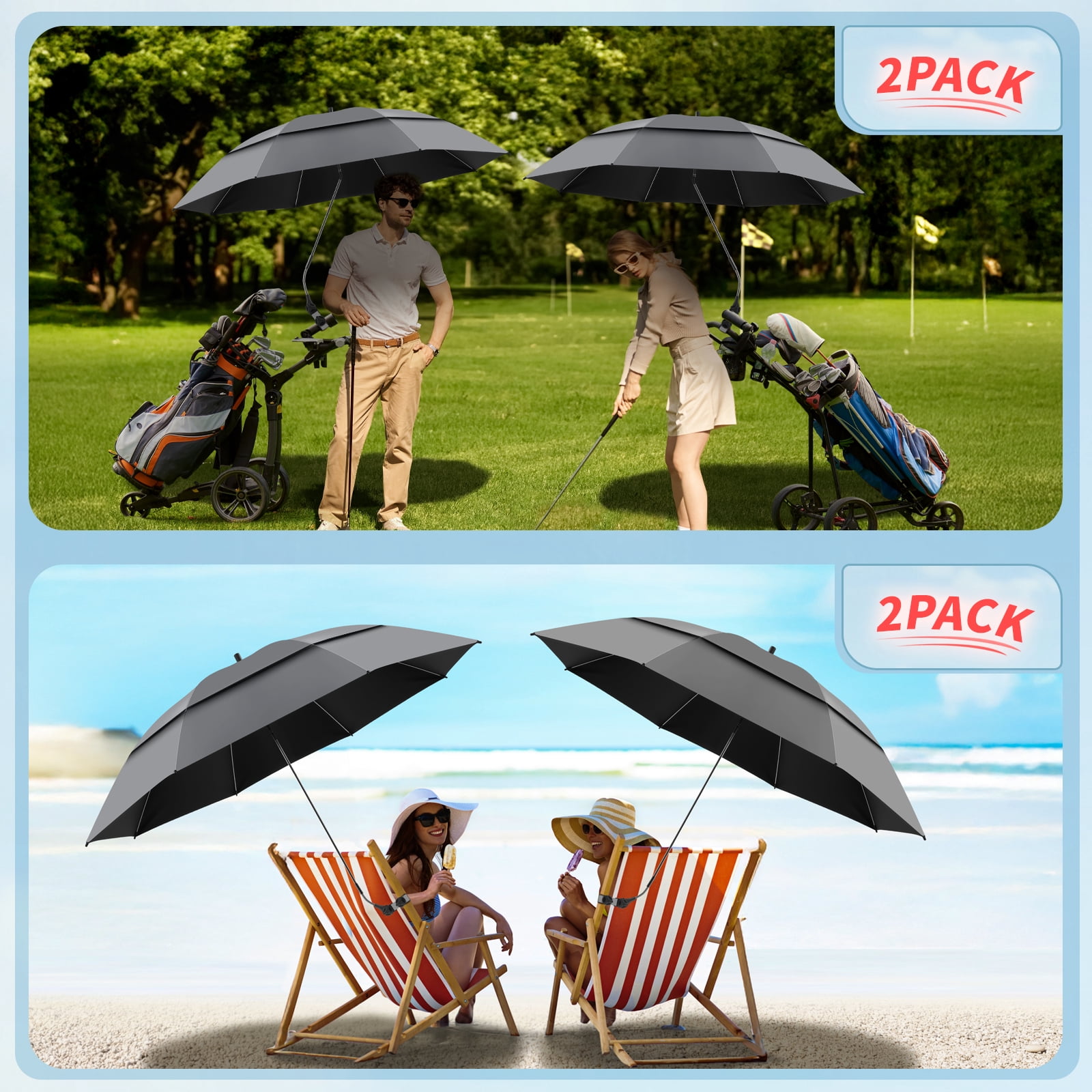 2 Pack 48.6" Double Canopy Umbrella with Clamp, UPF50+ Beach Chair Umbrella with clip, 360°Adjustable Portable Outdoor Wheelchair, Patio, Golf Carts,Camping(Grey, Not Include Chair)