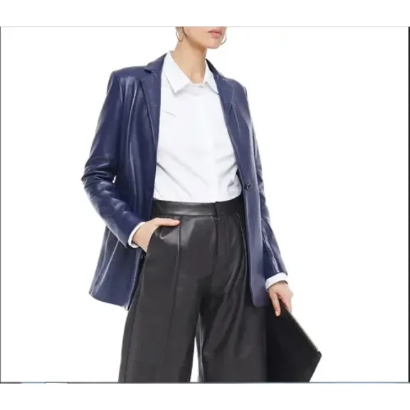Classic Button Real Genuine Lambskin Leather Blue Stylish Women Party Blazer