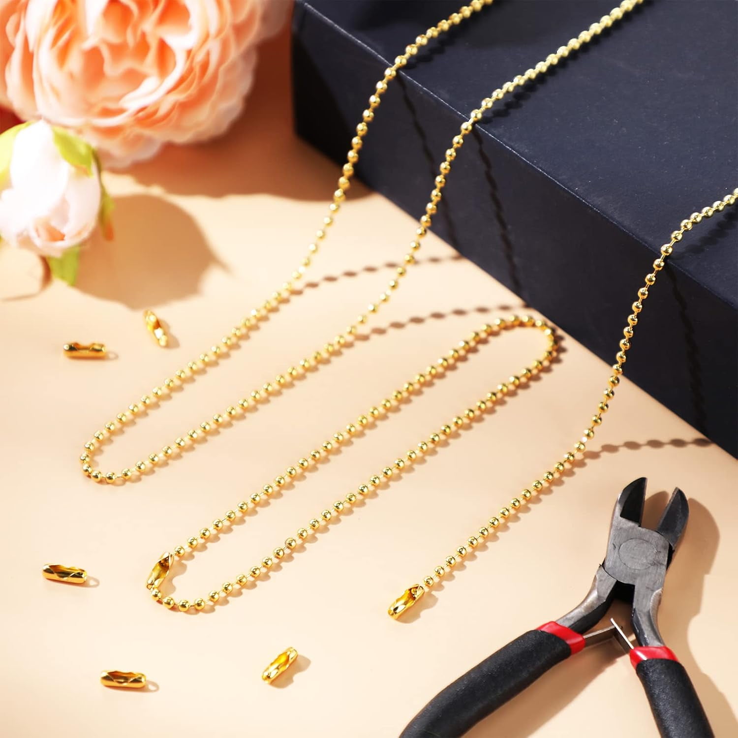 65 ft Ball Necklace Chains, 2. 4mm Bead Link Dog Tag Chain Roll with 40 Ball Connectors and Plier for Necklace Hanging Ornament Key Chain Dog Pet Tags(Gold)