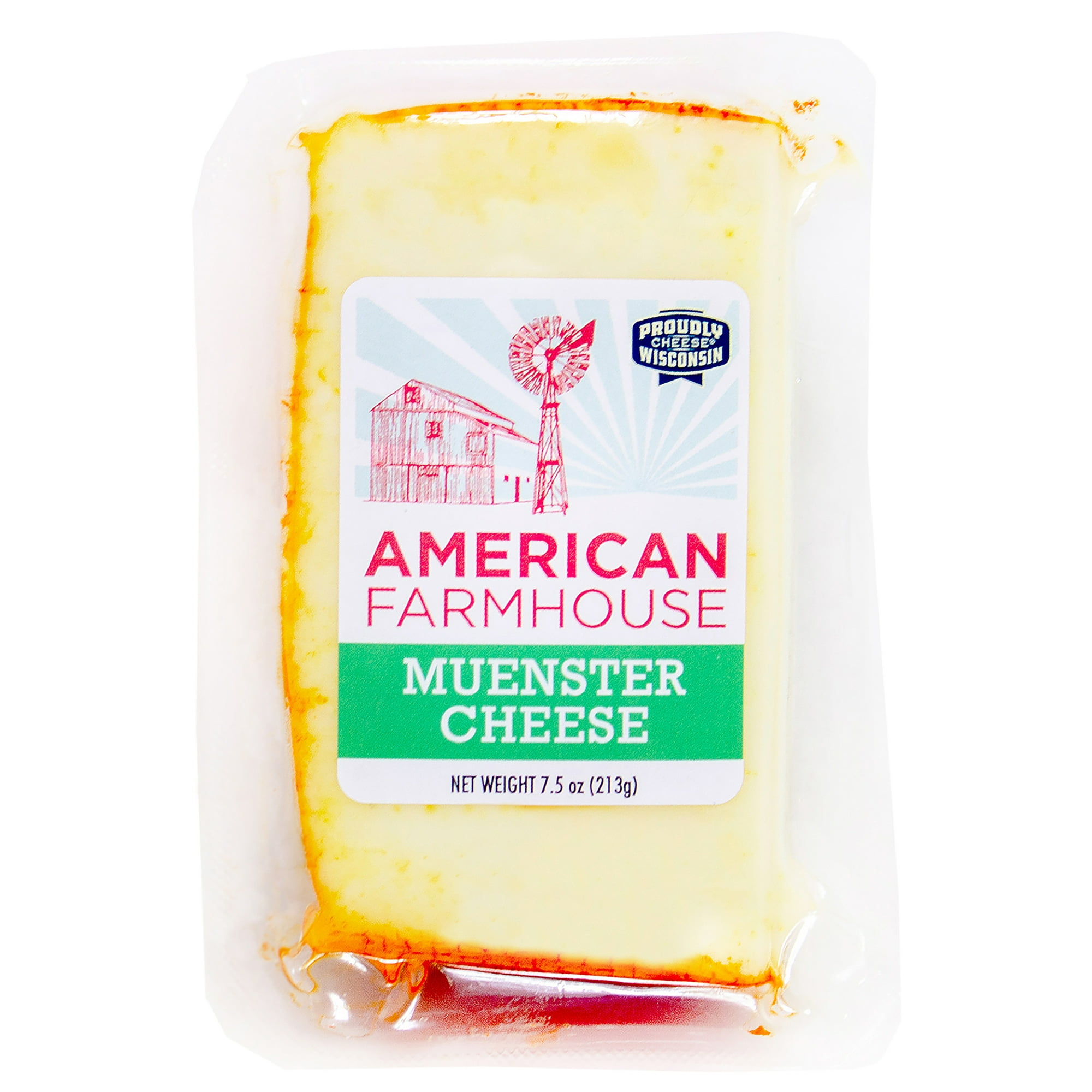 American Farmhouse Creamy Muenster Cheese 7.5 oz Chunk, Plastic vacuum packed, Refrigerated