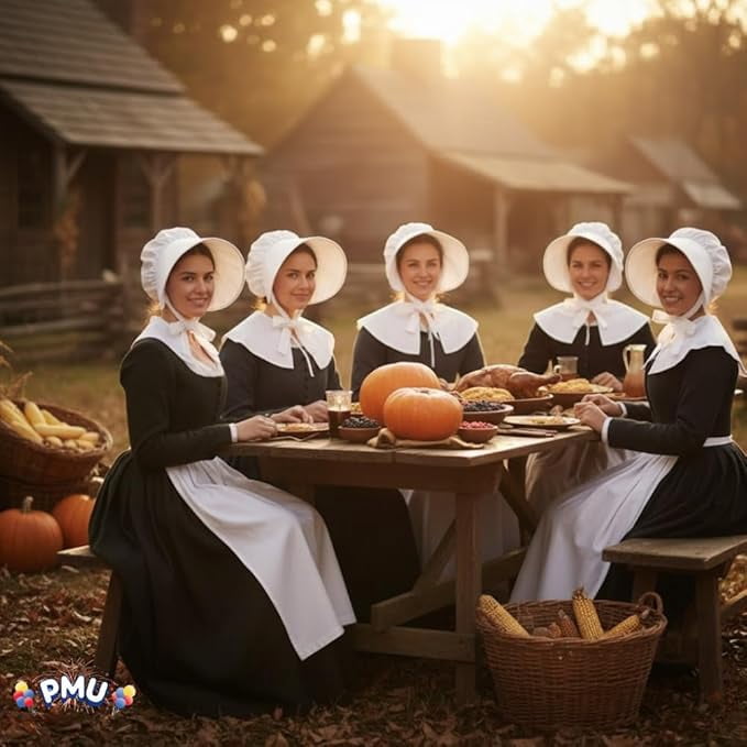 PMU Thanksgiving Pilgrim Bonnet Hat, White Costume for Women Pack of 6