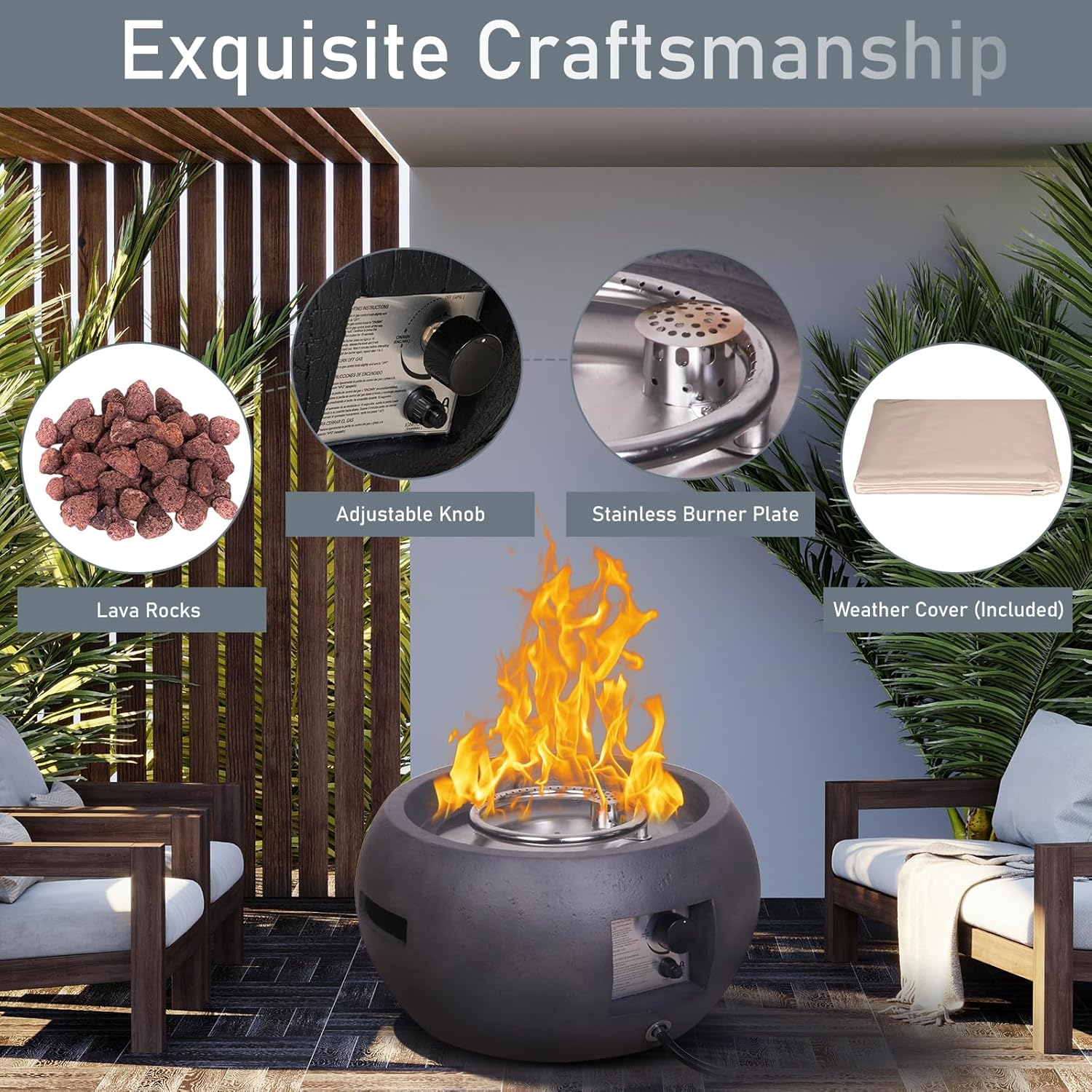 Afterglow TerraFab 22" Round 40,000 Btu Propane Fire Pit for Outdoor Patio Garden Backyard Decking Décor, Weather Resistant Cover and Lava Rocks Included, CSA Certificated, Dark Grey