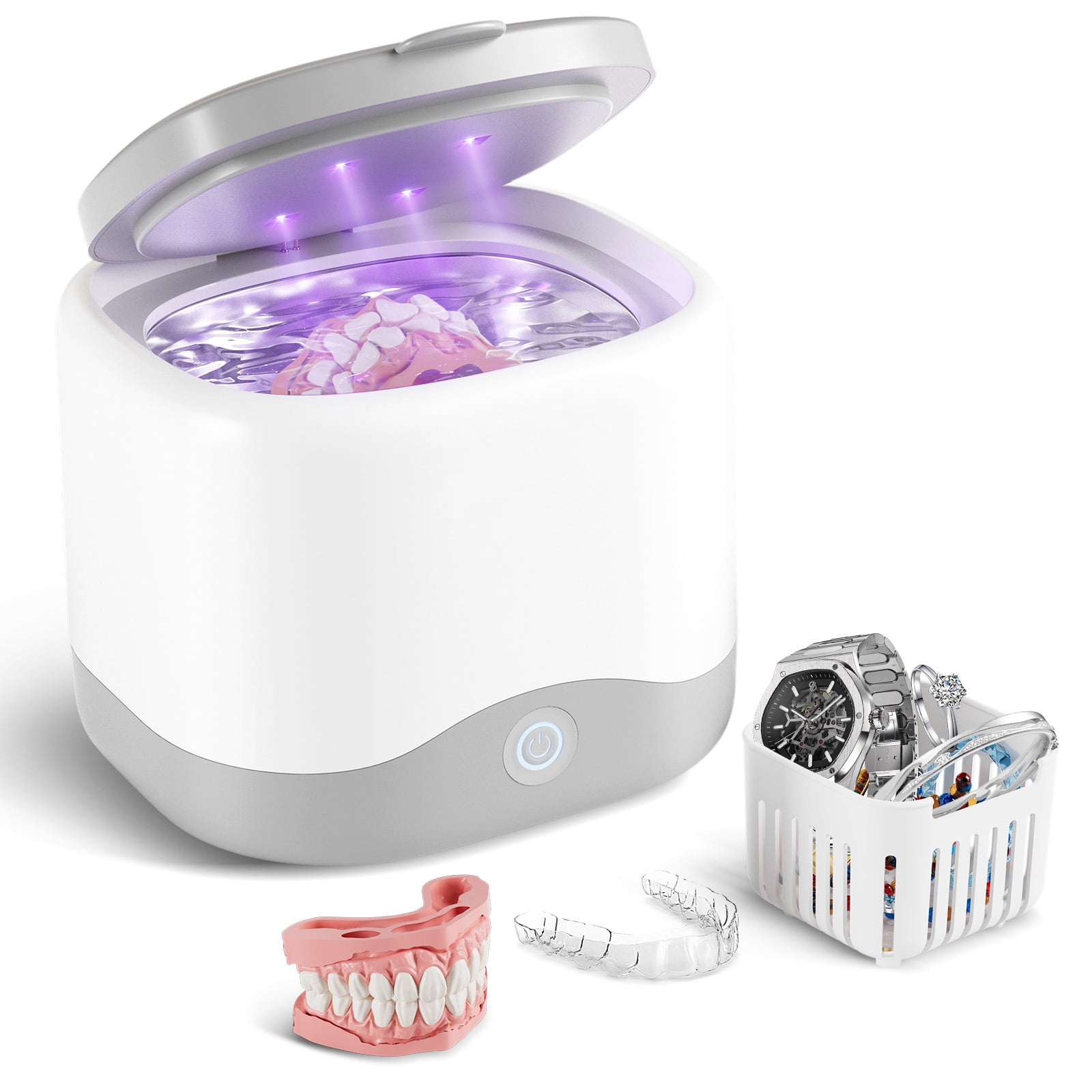 KFFKFF Sonic Wash Device, 200ML Capacity for Dental Care, UV Sanitization, 30W Power for Cleaning Dentures, Aligners, Braces, Mouthpieces, Toothbrush and Shaver Attachments, Jewelry