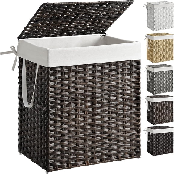 Laundry Hamper with Lid, 23.8 Gallon (90 L) Synthetic Rattan Clothes Laundry Basket with Lid and Handles, Foldable, Removable Liner, Chestnut Brown