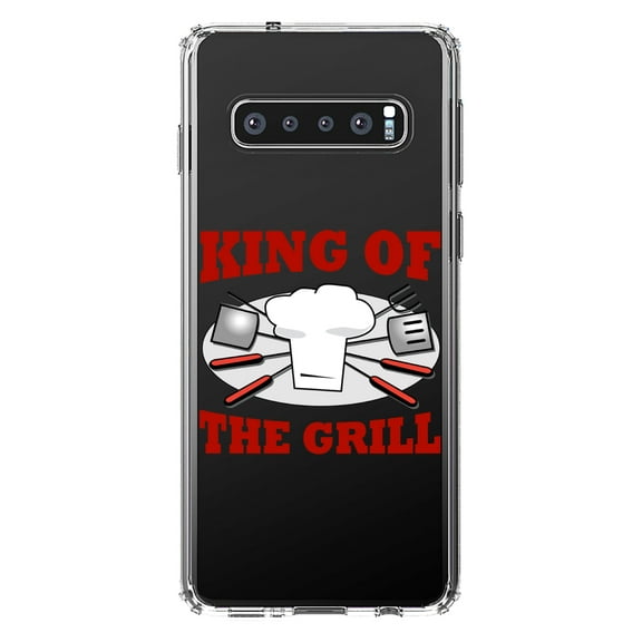 DistinctInk Clear Shockproof Hybrid Case for Samsung Galaxy S10  PLUS (6.4" Screen) - TPU Bumper Acrylic Back Tempered Glass Screen Protector - King of the Grill BBQ Barbecue
