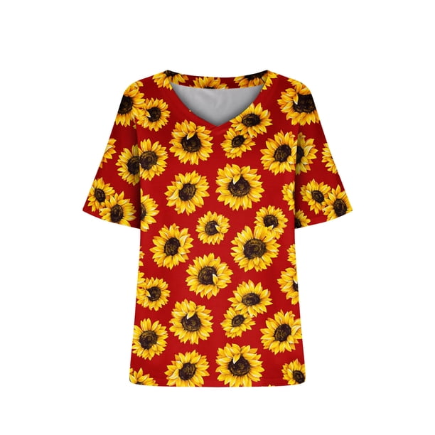 Camiseta de manga corta plisada elástica con cuello en V y estampado floral de talla grande para mujer OAVQHLG3B Store lin121212
