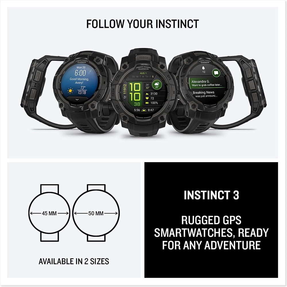 Garmin 010-02936-00 Instinct 3 - 45 mm Outdoor GPS Smartwatch AMOLED Black with Black Band Bundle with Deco Essentials Charging Dock, Silicone Dust Cover 3 Pack and 2-Pack Screen Protector