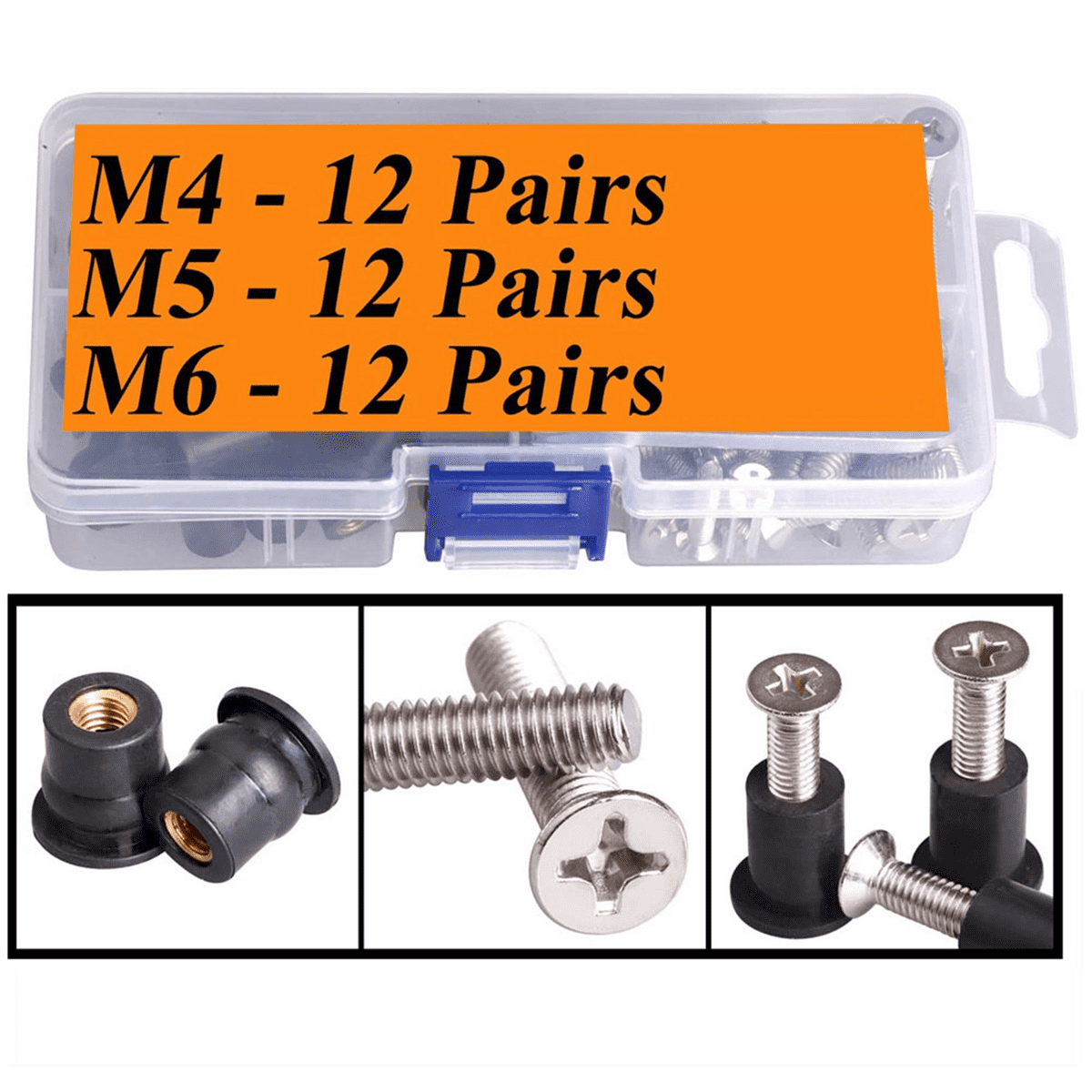 72 Pairs /M5/M6 Neoprene Well Nuts with Stainless Steel Screw Rubber Well Nuts Kayak Brass Copper Bolts Well Nut Kit