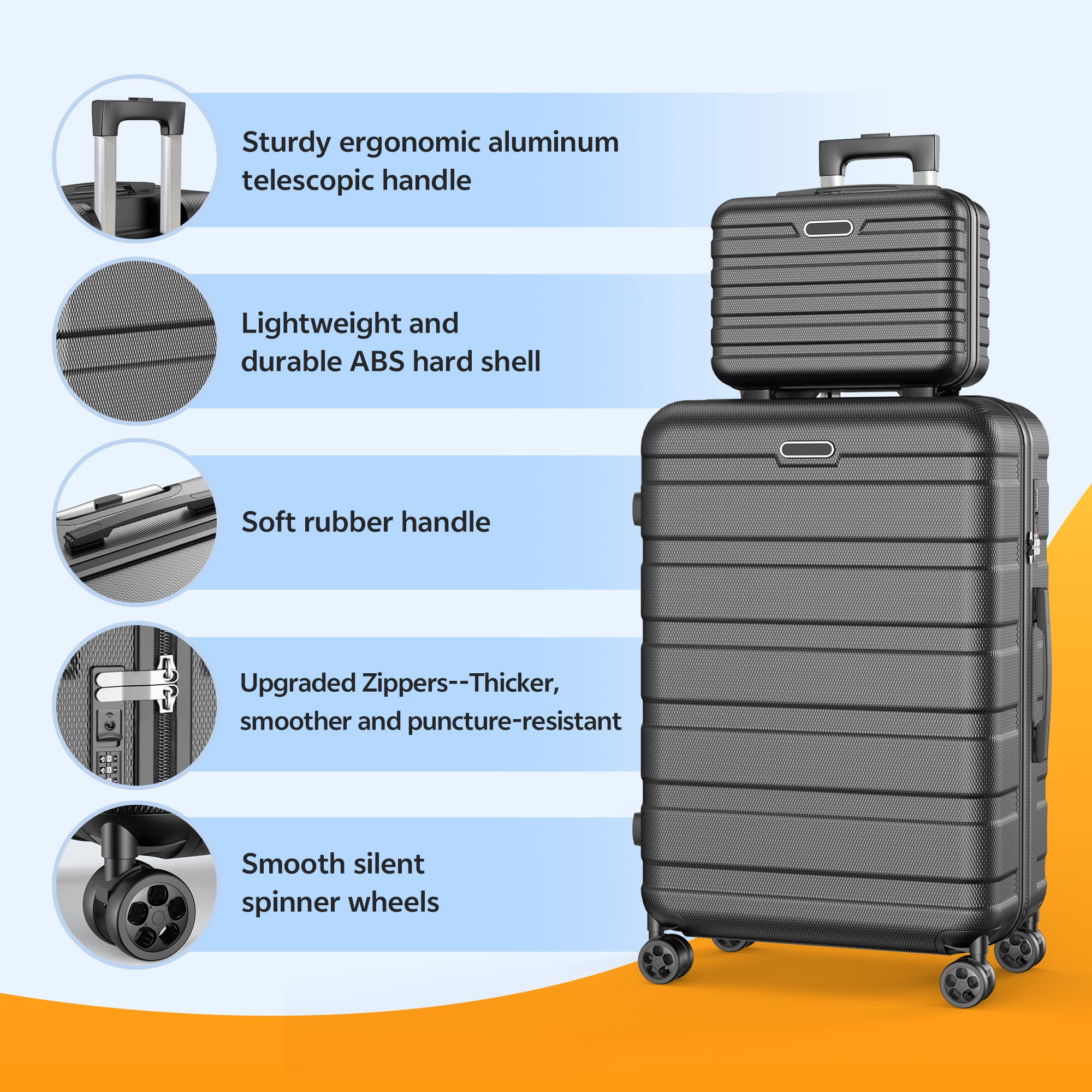 11Pcs Lightweight Luggage Set Suitcase, 20" Carry-On Luggage&28" Checked Luggage&Hand Case&Packing Cubes, Hardside Spinner Wheels,Black
