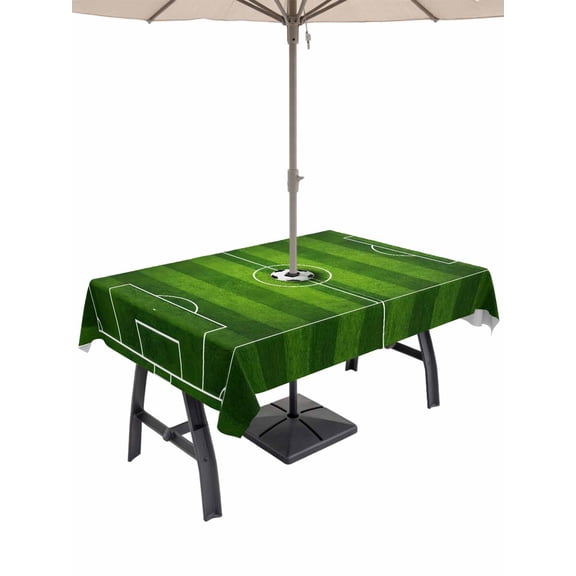 Outdoor Tablecloth with Umbrella Hole for Patio/Picnic/Party/Camping, Green Football Field Waterproof Table Cloth Rectangle Table Cover Washable, Center Circle Soccer Ball (52"x 70")