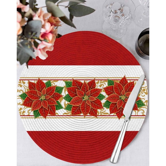 15 Inch Round Placemats Set of 6, Red Poinsettia Christmas Non Slip Heat Insulation PP Table Mats, Xmas Botanical Winter Floral Washable Place Mats for Kitchen Dining Party Table Decor