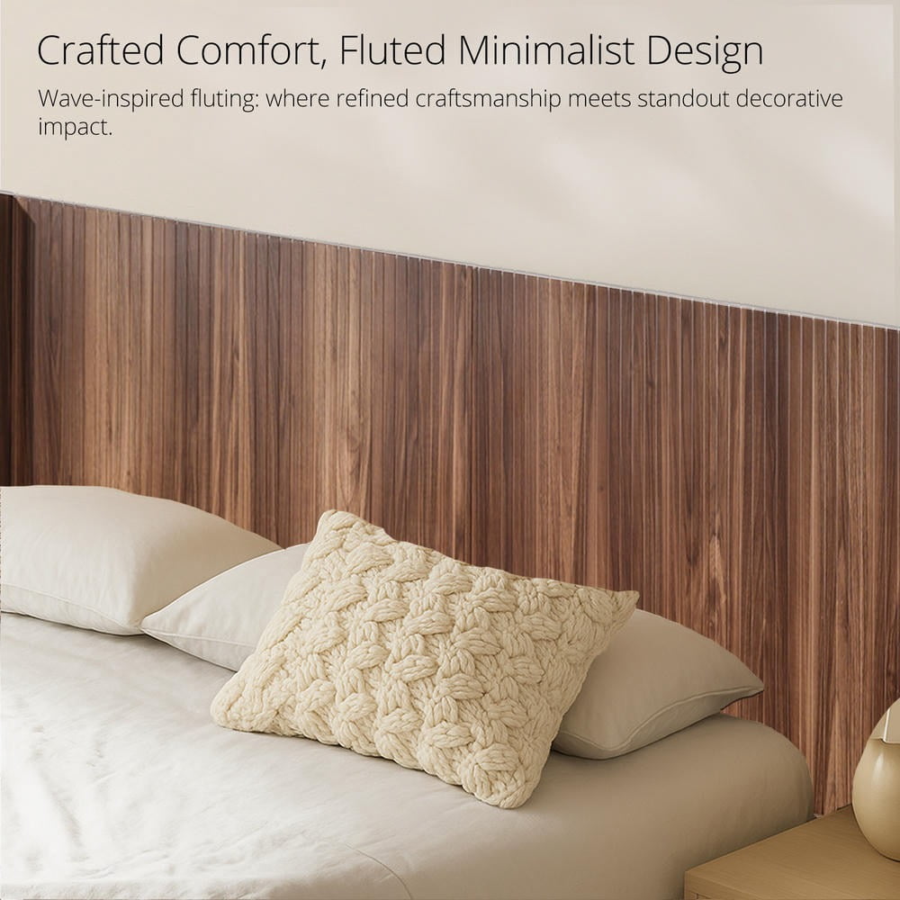 Kadyn Wingback Queen Headboard 64.4 Inch Wide Fluted Wood Panel Modern Farmhouse Boho Style, Wall Mounted Headboard Only, Walnut