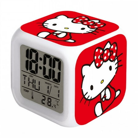 Hfnggwee Digital Alarm Clock for Kids, Cartoon Hello Kitty Pattern 7 LED Color Changing Wake Up Clock with Thermometer Function and Night Light, Gift for Boys Girls A93-483 NZ113-1379