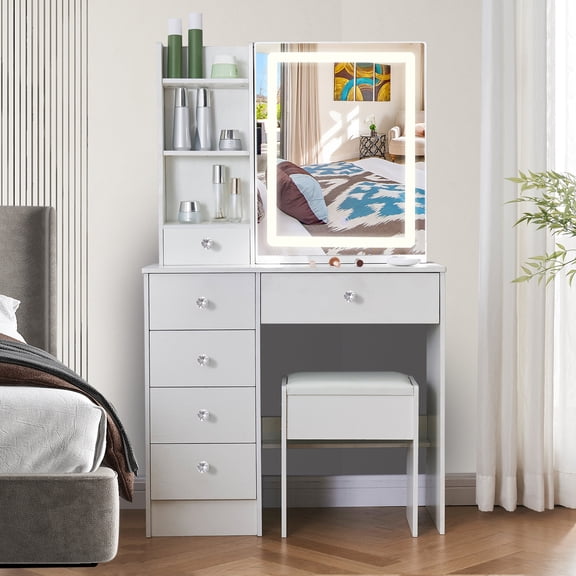 Ciumeeo White Vanity Desk with LED Lighted Mirror Makeup Table with Drawers and Shelves for Girls