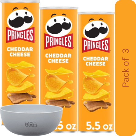 Pringles Cheddar Cheese Potato Crisps, 3 Pack (5.5 oz Each) – with Bowl by OMA