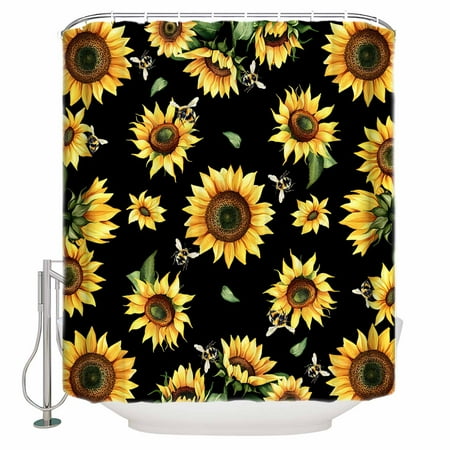 Sunflower Black Bathroom Shower Curtains with 12 Hooks Polyester Waterproof Shower Curtain for Stalls and Bathtubs Yellow Petals Floral Farmhouse Bee Decorative Bathroom Privacy Curtain 60x72 Inches