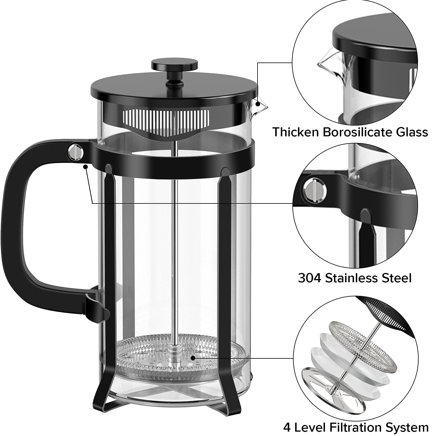 French Press Coffee Maker,, Heat Resistant Thickened Glass, 4 Level  Filtration System, 304 Stainless Steel, Non-slip Silicone Base, Cold Brew Coffee  Press For Home & Camping - Temu
