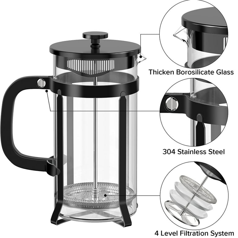 quqiyso french press coffee maker 34oz 304 stainless steel french press  with 4 filter, heat resistant durable, easy to clean
