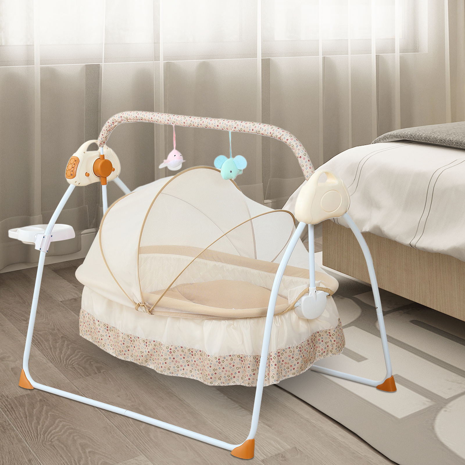 Color : Pink Baby cradle Rocking Chair Electric Cradle Baby Cot Foldable Portable Mosquito Net with Bluetooth Baby Travel Sleep Swing 