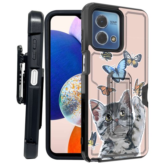 ANJ  Rugged Shockproof Kickstand Hybrid Case with Card Slot and Holster   Tempered Glass Cover for Motorola Moto G Stylus 5G (2023) - Curious Cat