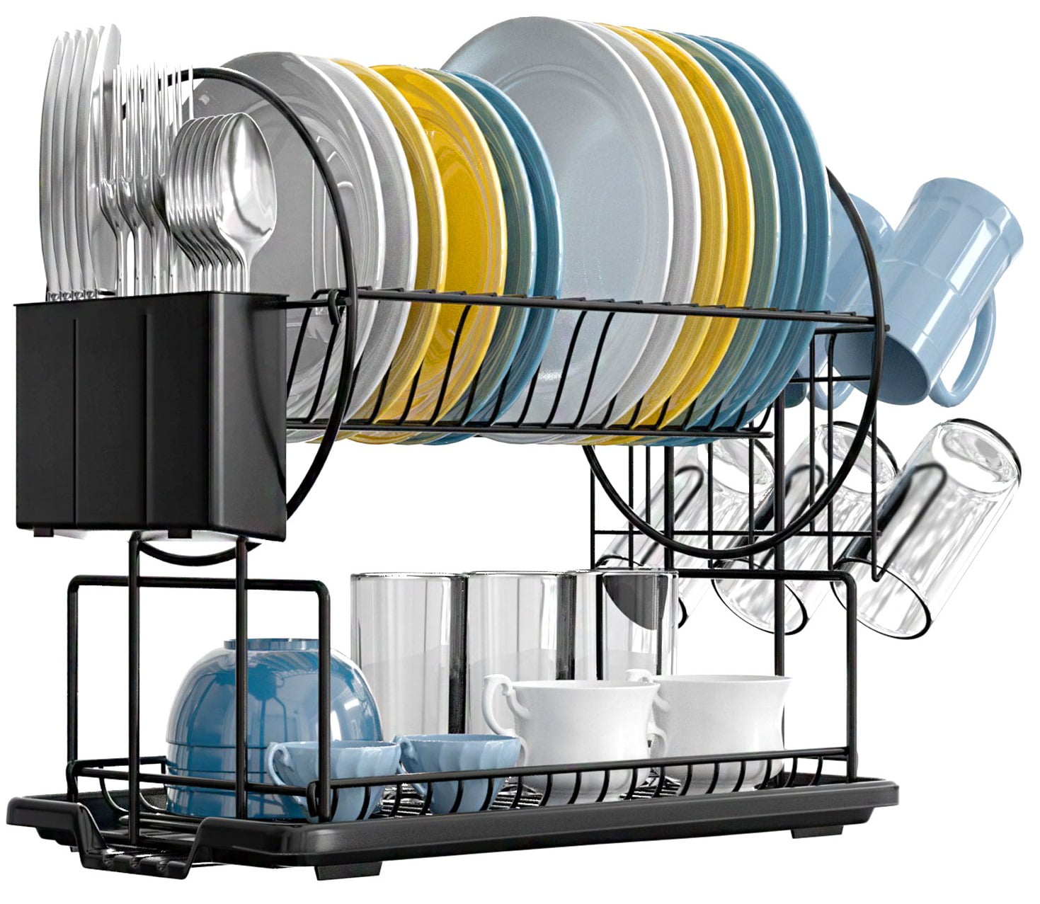 NIFFGAFF Dish Drying Rack, Black 2 Tier Dish Drainer Racks with Tray, Cup Utensil Holder for Kitchen (15*9.3*14.6 in)