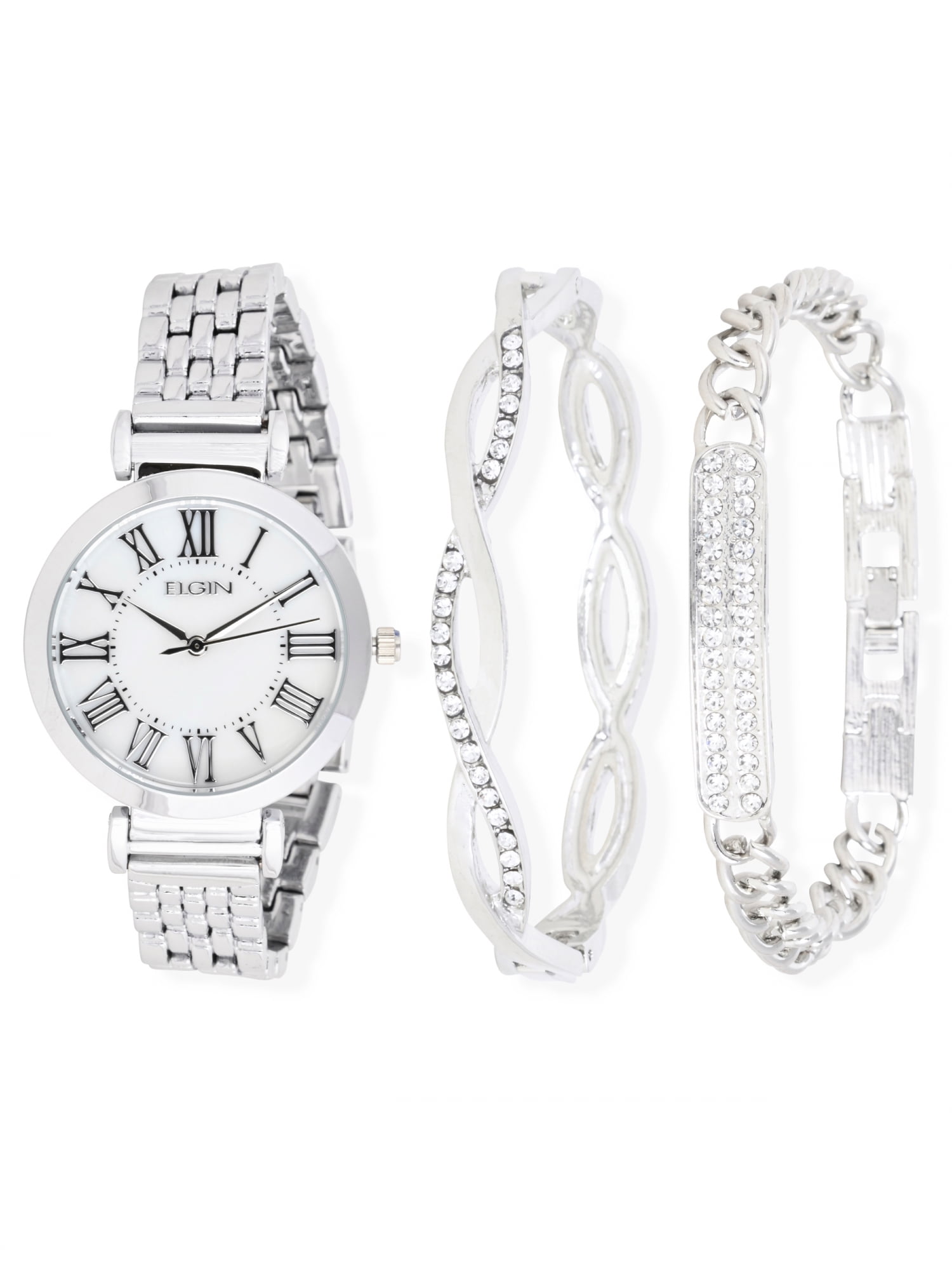 Elgin Women's Analog Watch Set, Round Mother of Pearl Dial, Silver - EG17004SST
