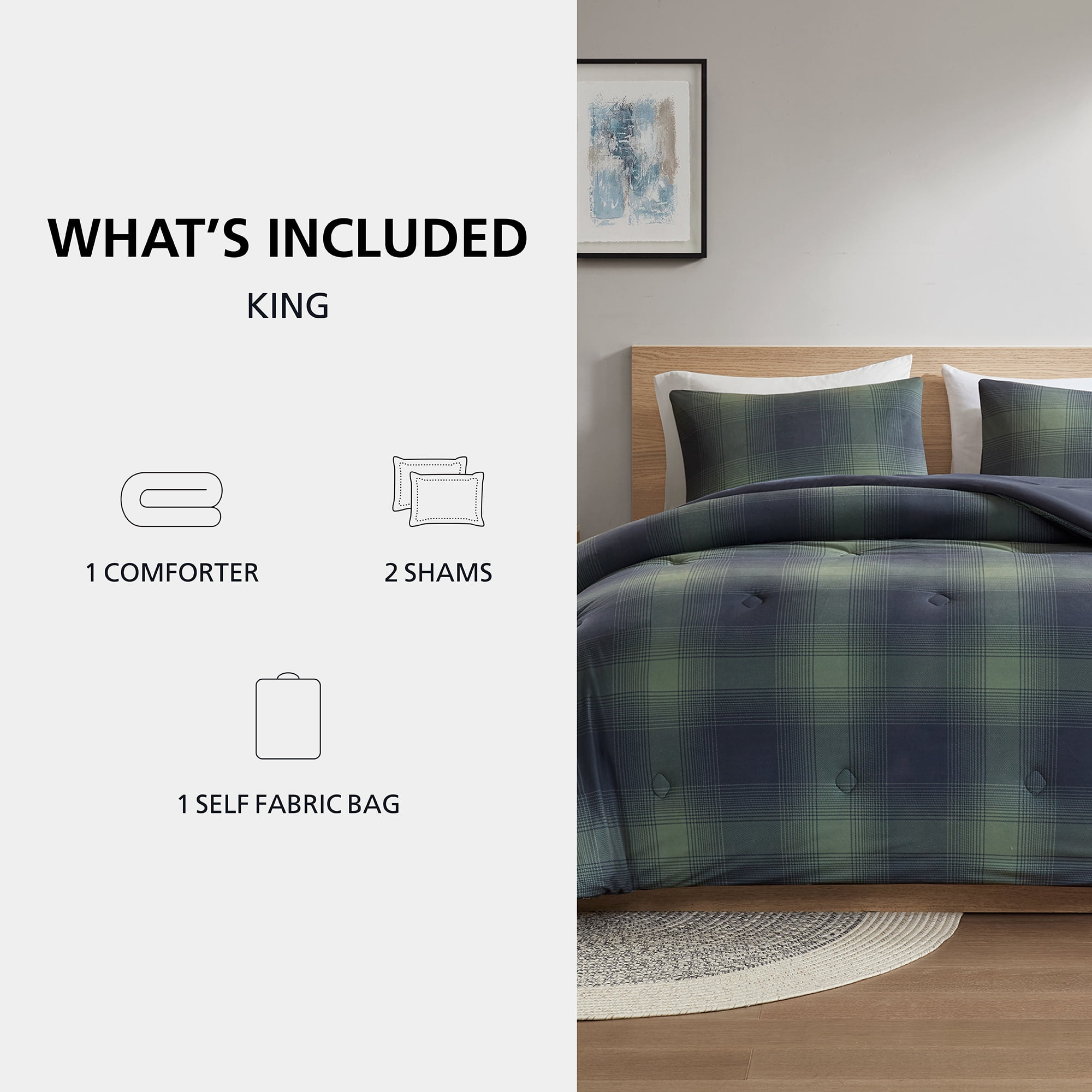 Mainstays Shadow Plaid 3-Piece Green Comforter Set, King