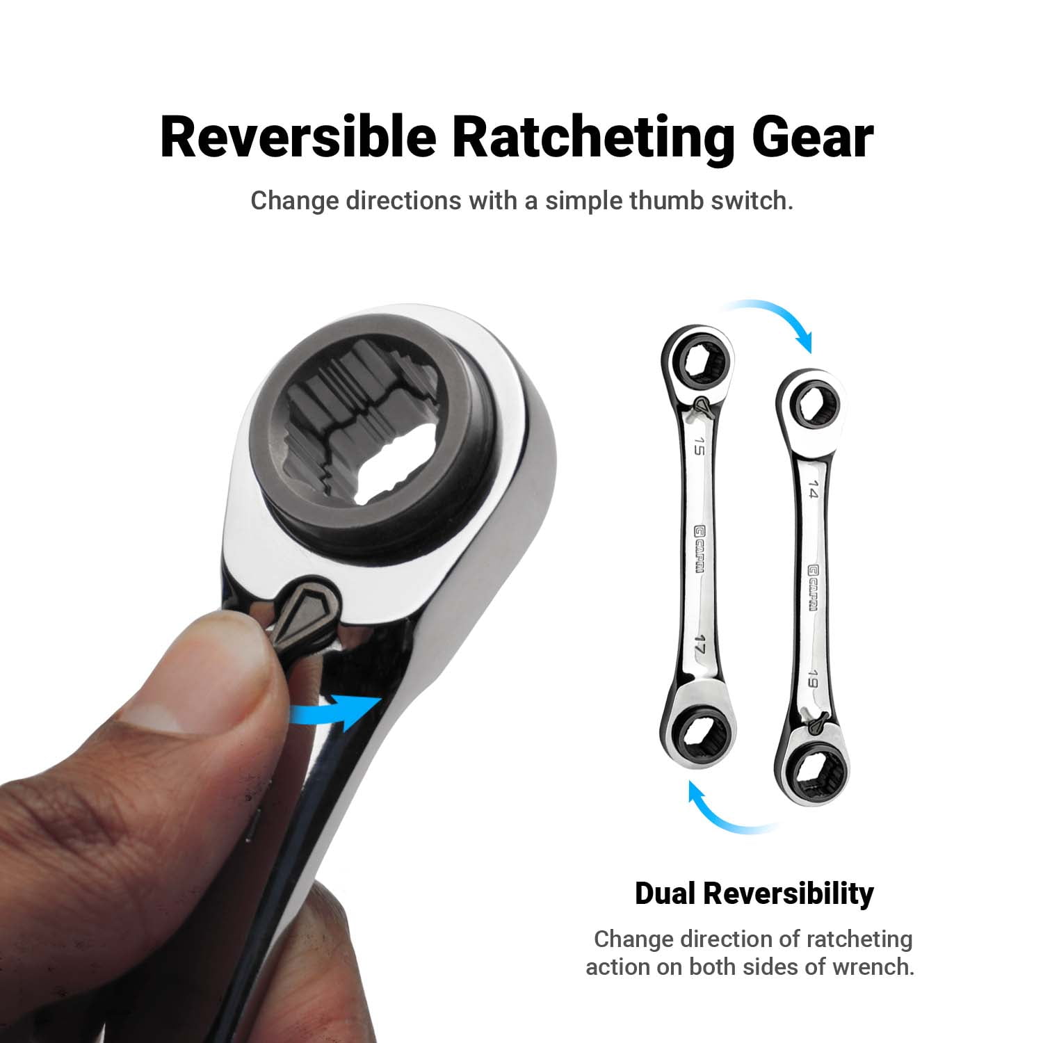 Capri Tools 4-in-1 120-Tooth Box End Reversible Ratcheting Wrench Set, Metric and SAE, 4-Piece with 16 Sizes