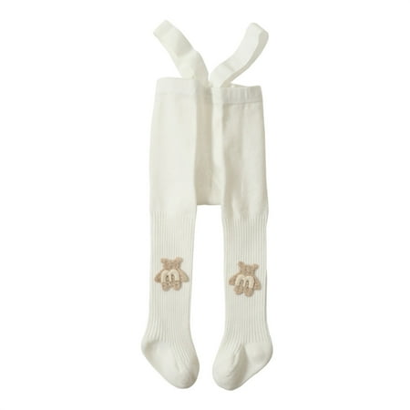 

Binpure Infant Baby Suspender Pants Solid Color Knit Ribbed High Waist Leggings 3D Bear Decoration Footed Pantyhose