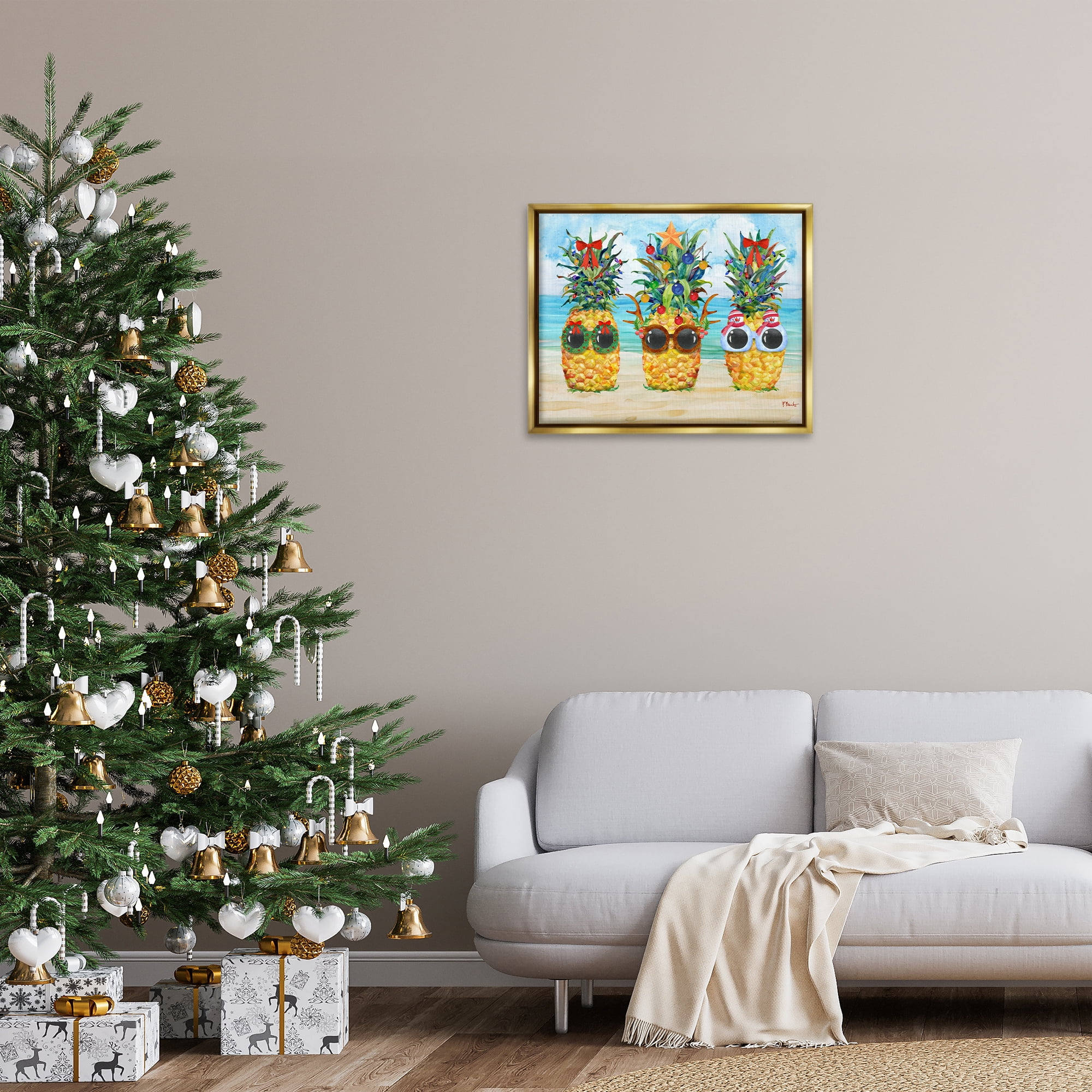 Stupell Industries Christmas Cool Pineapples Holiday Painting Gold Floater Framed Art Print Wall Art, 31 x 25