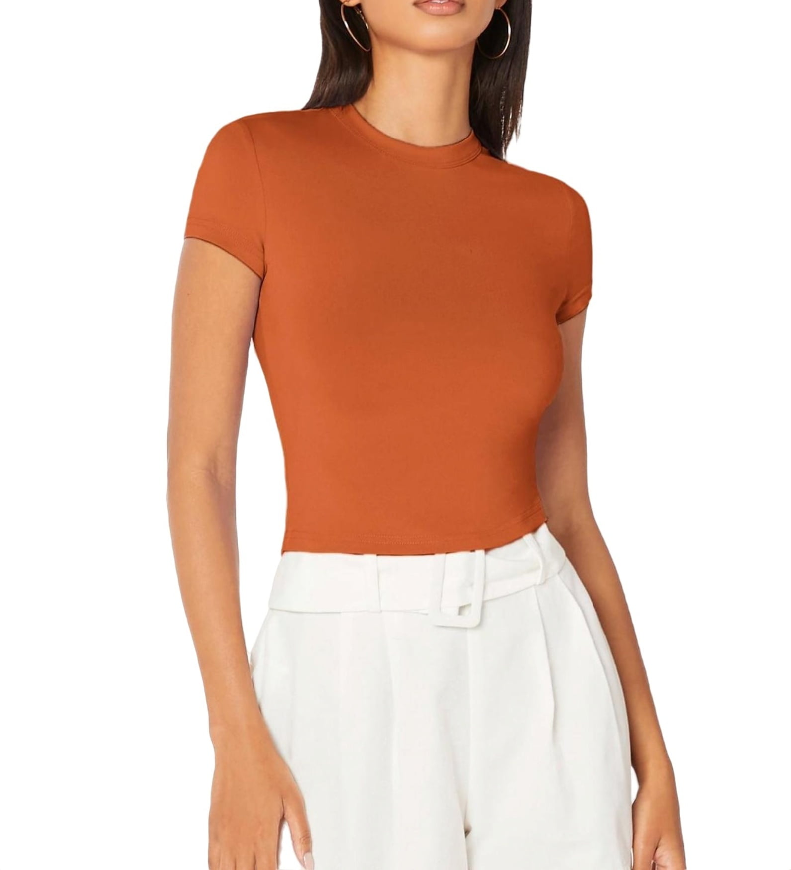 Casual Solid Stand Collar Short Sleeve Burnt Orange Women T-Shirts ...
