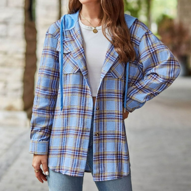 Cute Winter Coats for Women Jacket with Hood Womens Plus Size Coats Long Sleeve Coat Women s Jackets Casual Women Plaid Jacket Women s Pocket Hooded Jacket Top Walmart