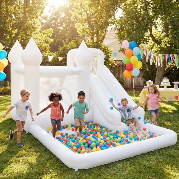 14ft Inflatable Water Slide & Bounce House with Ball Pit and Blower, White Oxford Outdoor Playhouse for Kids