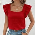 thumbnail image 4 of Defitshape Women's Butterfly Sleeve Blouse Bunched T Shirt Ruffle Square Neck Casual Date Chic Cute Elasthane Tshirt Red Large, 4 of 5