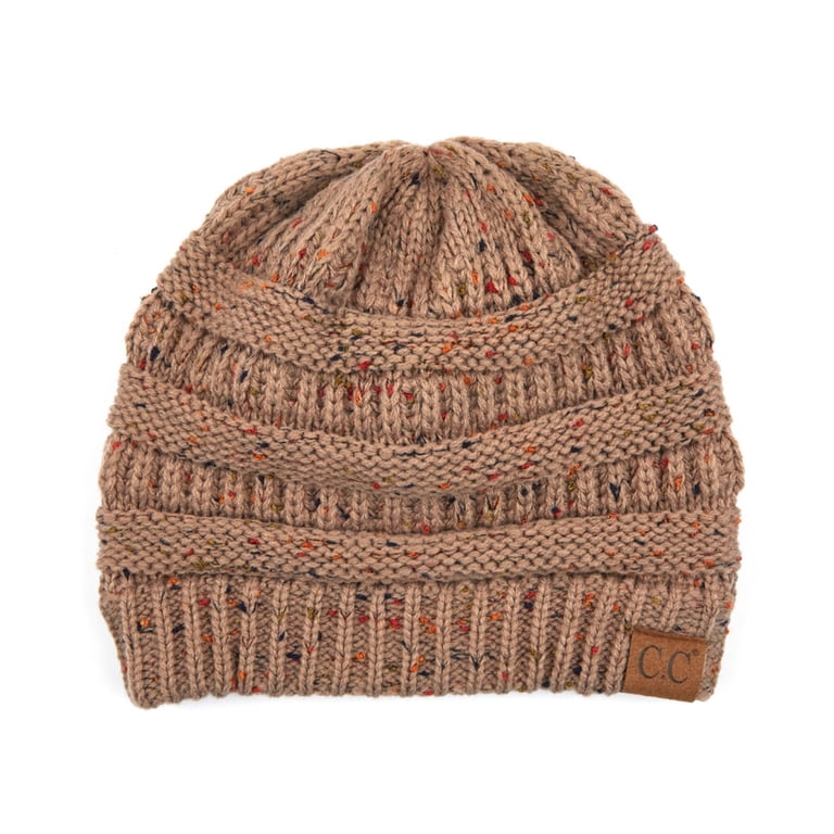 Confetti Cable Knit Pom Pom Beanie Stocking Cap Tan Beanie With Pom Pom Tan Beige Marled Thick Plush Cuffed  main image 3