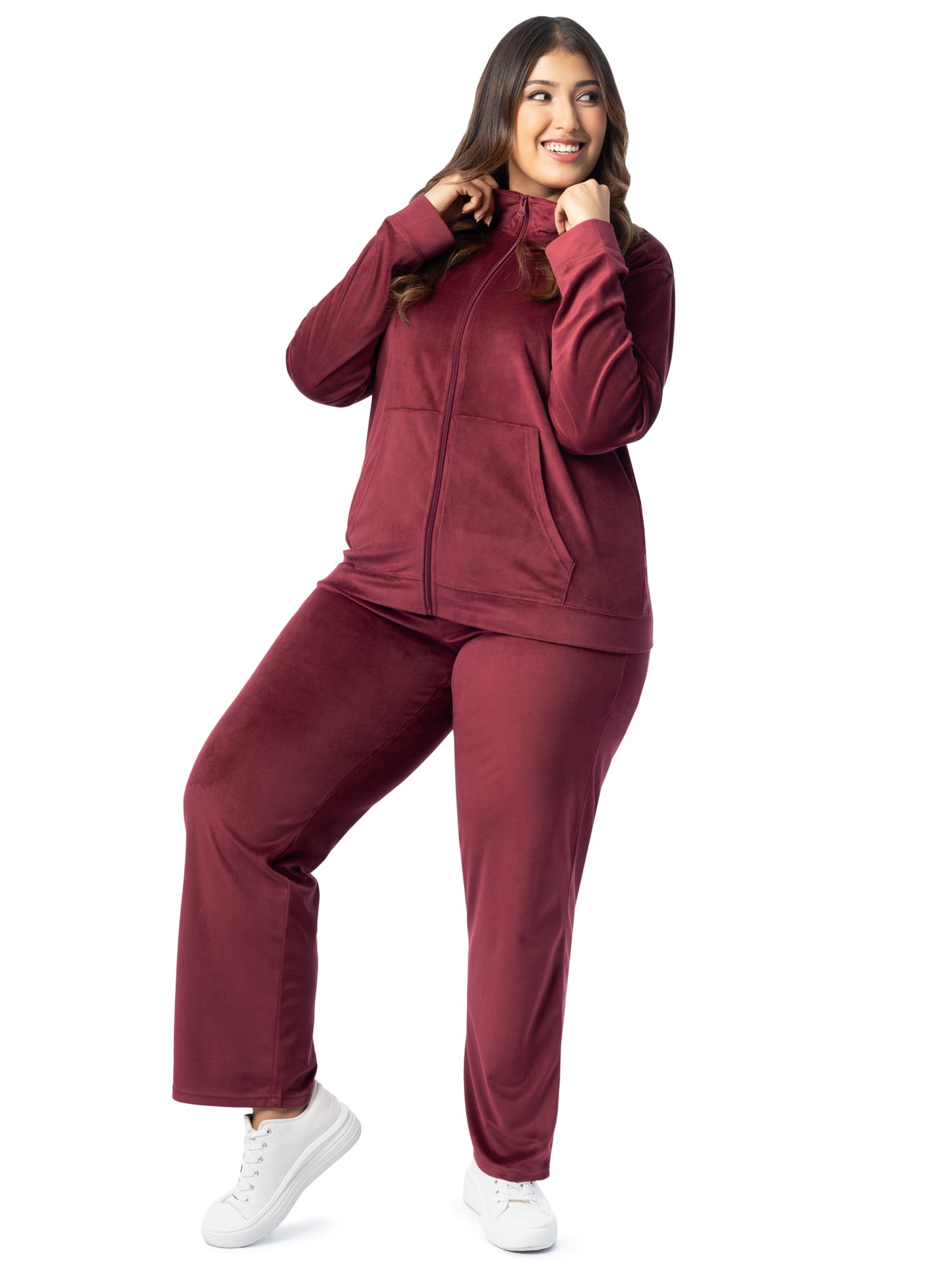 Athletic Works Women's Plus Active Velour Zip-Up Tracksuit Set, 2-Piece Set